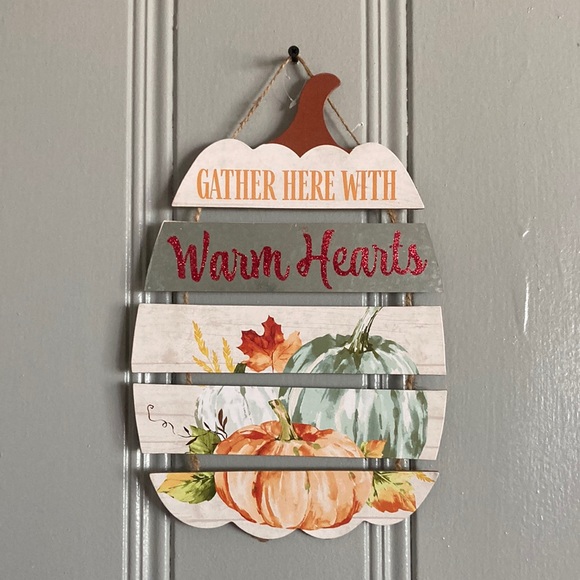 NWT Beautiful Slatted Wood Gather Here With Warm Hearts Glitter Pumpkin Sign - Picture 4 of 9